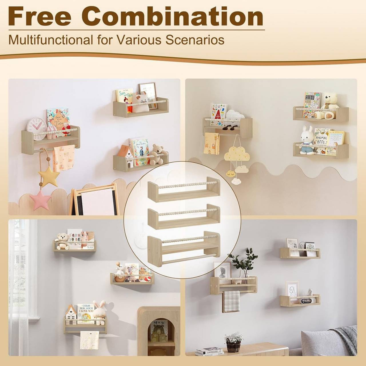 24goodz Set of 3 Floating Bookshelves - Customizable Height - Solid Pine Wood - For Children - Natural Wood Colour