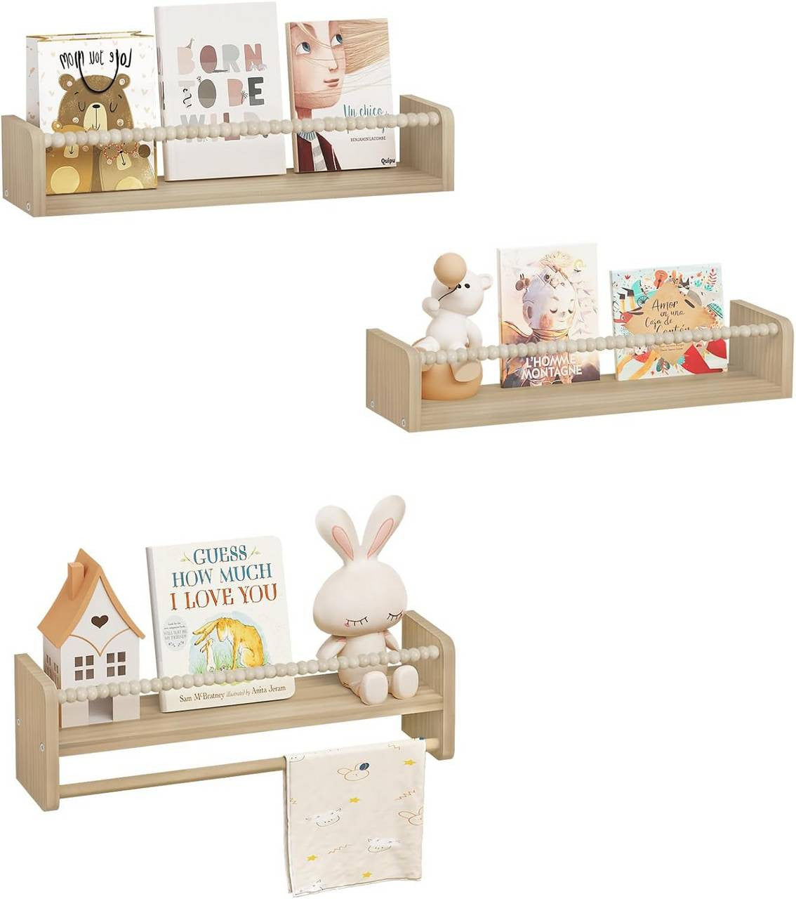 24goodz Set of 3 Floating Bookshelves - Customizable Height - Solid Wood - For Children - Natural Wood Colour