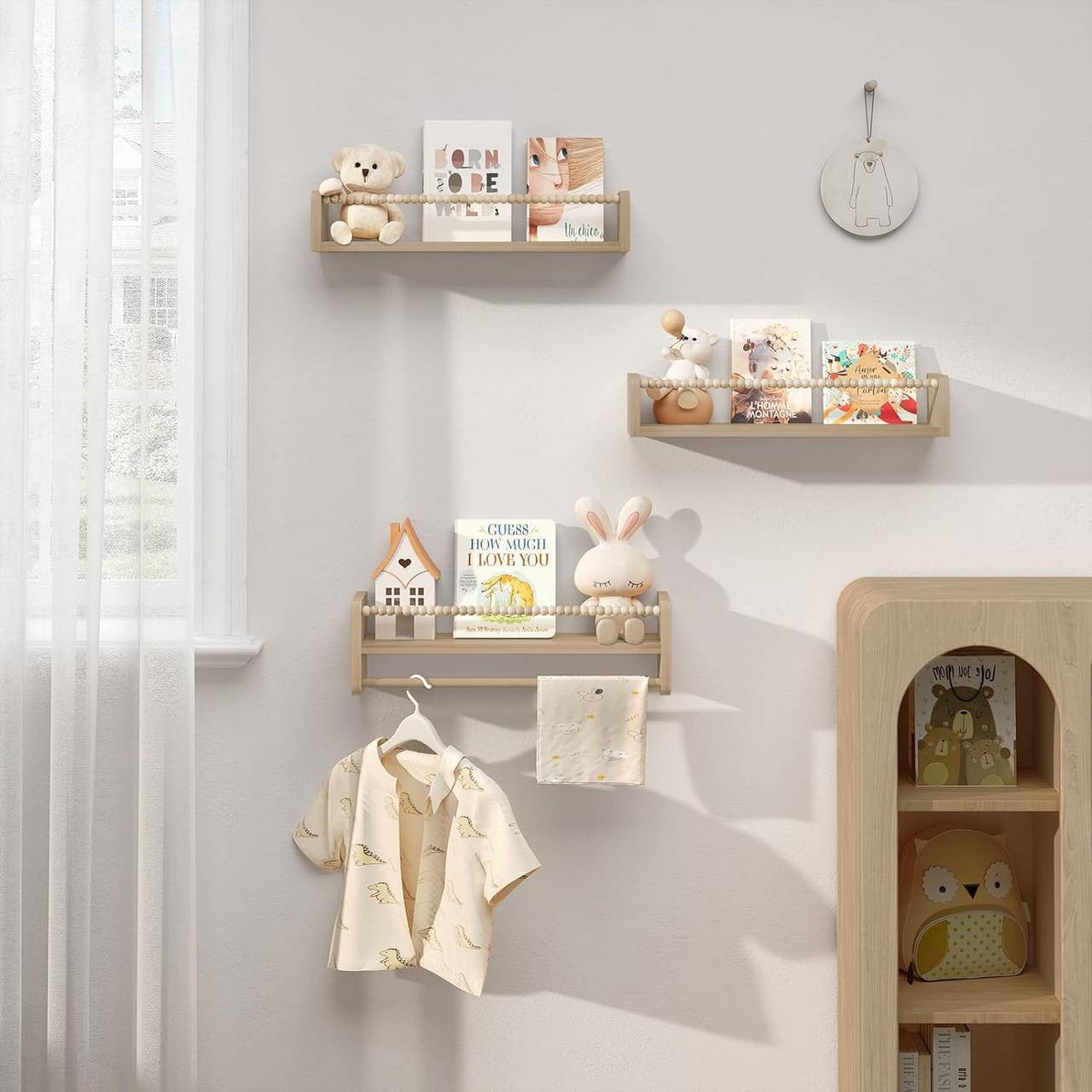 24goodz Set of 3 Floating Bookshelves - Customizable Height - Solid Wood - For Children - Natural Wood Colour