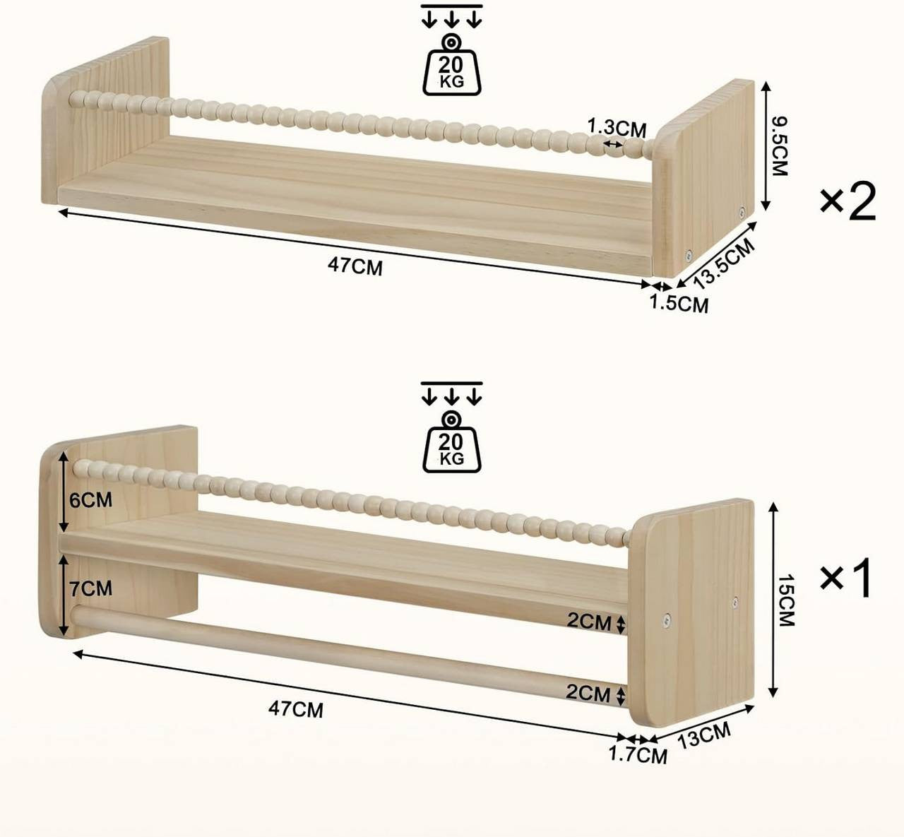 24goodz Set of 3 Floating Bookshelves - Customizable Height - Solid Wood - For Children - Natural Wood Colour