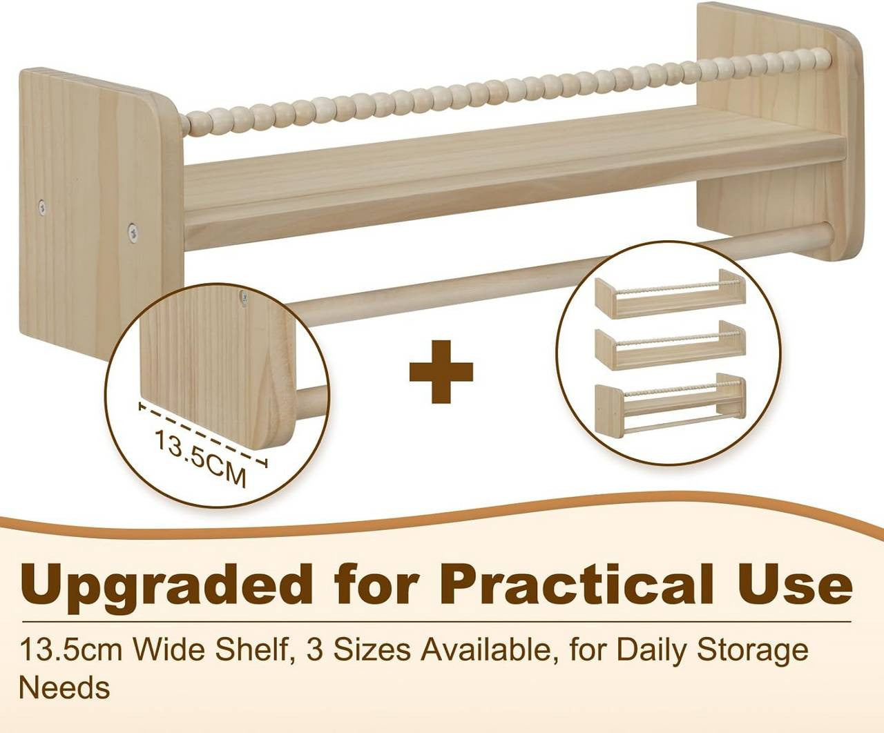 24goodz Set of 3 Floating Bookshelves - Customizable Height - Solid Wood - For Children - Natural Wood Colour