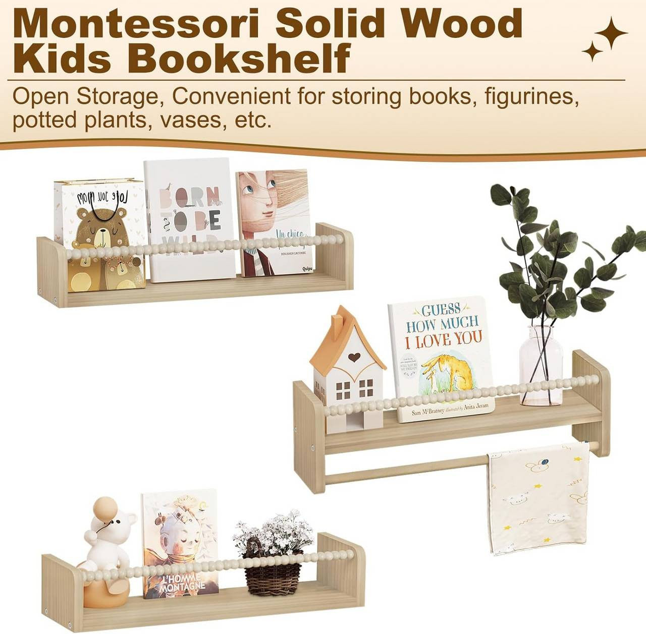 24goodz Set of 3 Floating Bookshelves - Customizable Height - Solid Wood - For Children - Natural Wood Colour