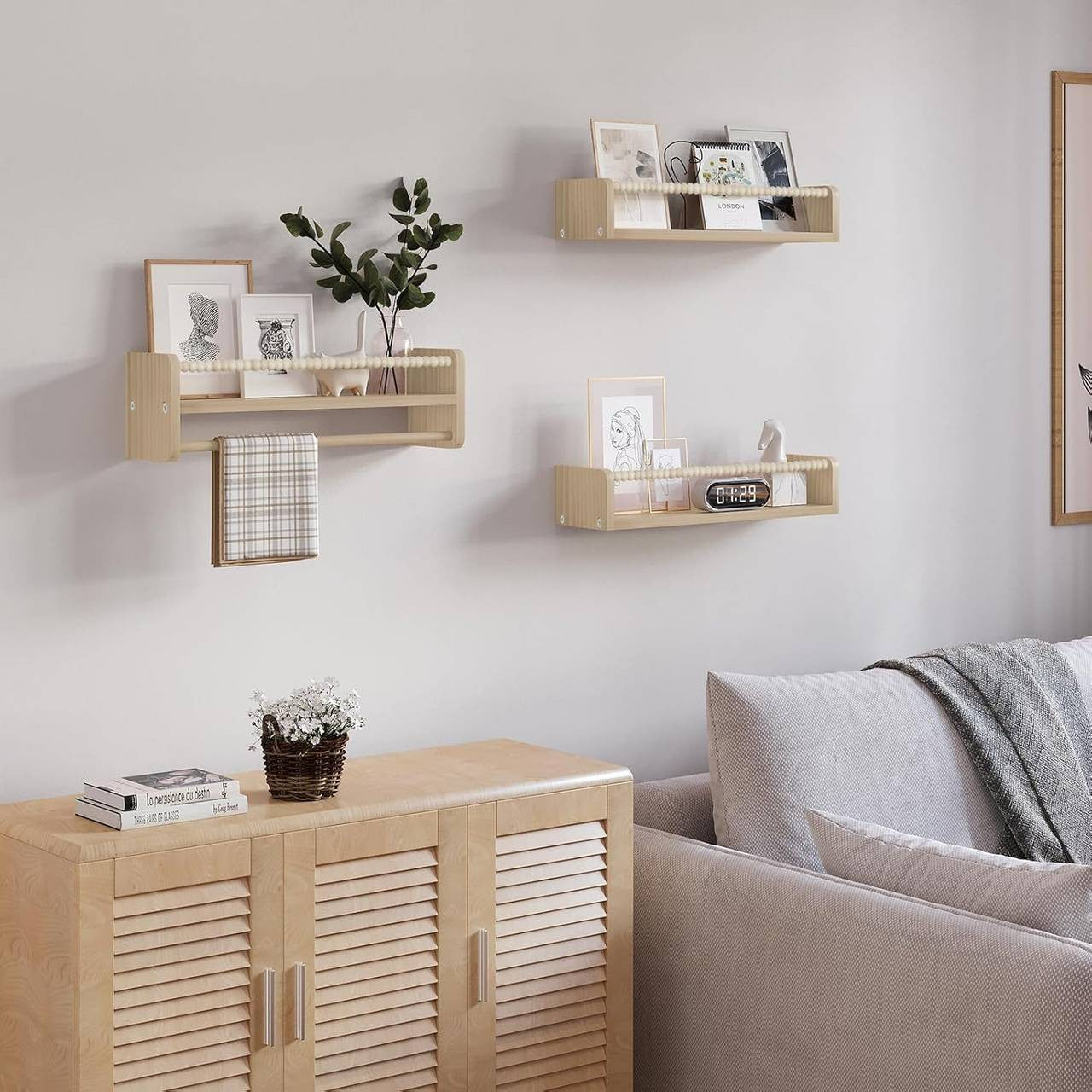 24goodz Set of 3 Floating Bookshelves - Customizable Height - Solid Wood - For Children - Natural Wood Colour