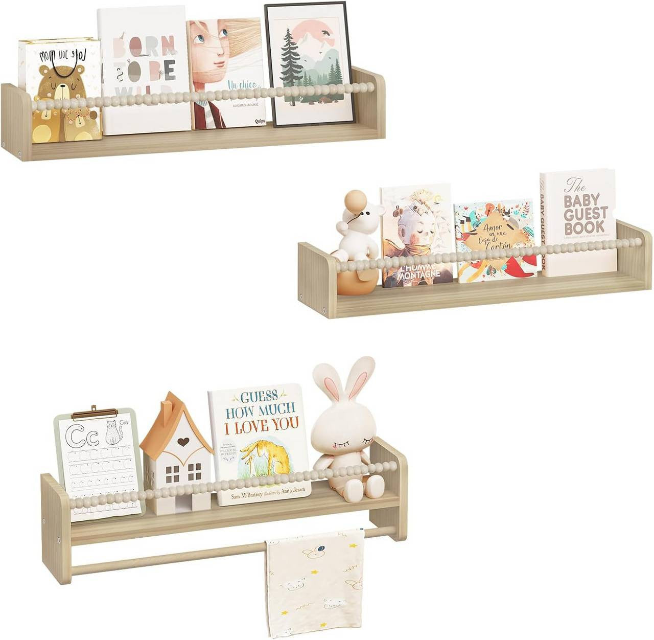 24goodz Set of 3 Floating Bookshelves - Perfect for Kids' Rooms - Durable Pine Wood - For Children - Natural Wood Colour