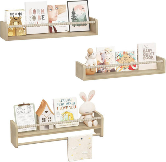 24goodz Set of 3 Floating Bookshelves - Perfect for Kids' Rooms - Durable Pine Wood - For Children - Natural Wood Colour