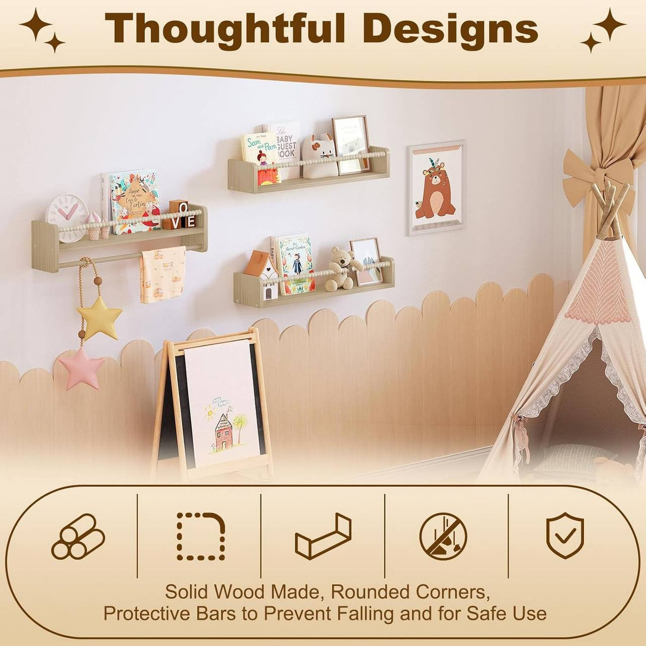 24goodz Set of 3 Floating Bookshelves - Perfect for Kids' Rooms - Durable Pine Wood - For Children - Natural Wood Colour