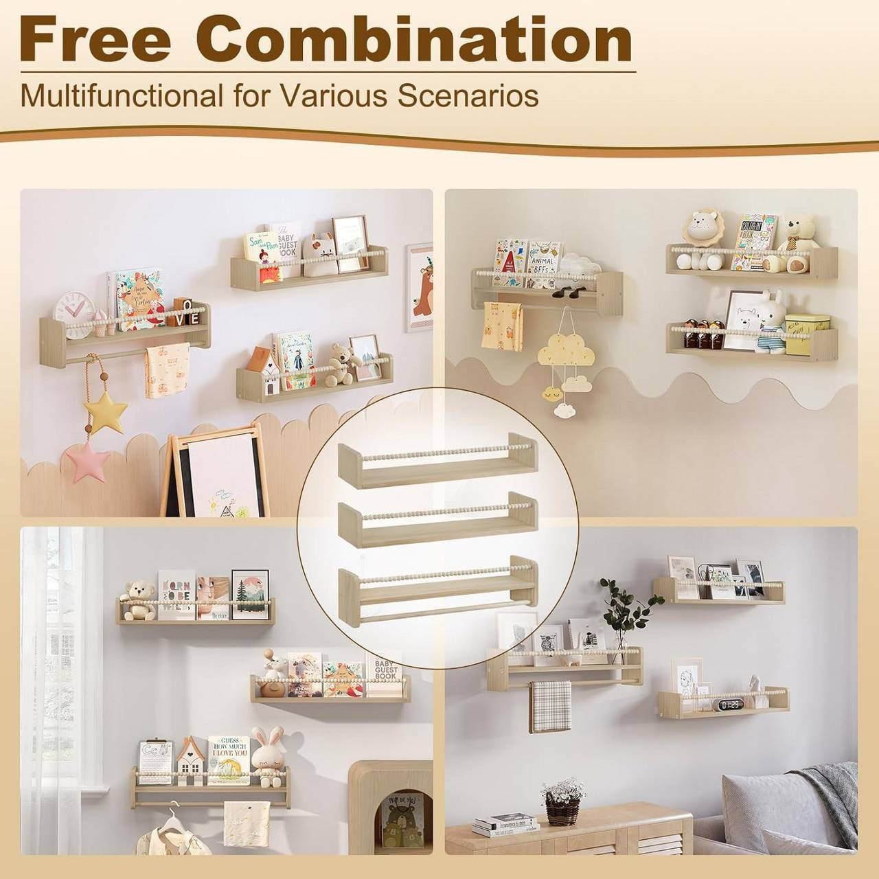 24goodz Set of 3 Floating Bookshelves - Perfect for Kids' Rooms - Durable Pine Wood - For Children - Natural Wood Colour