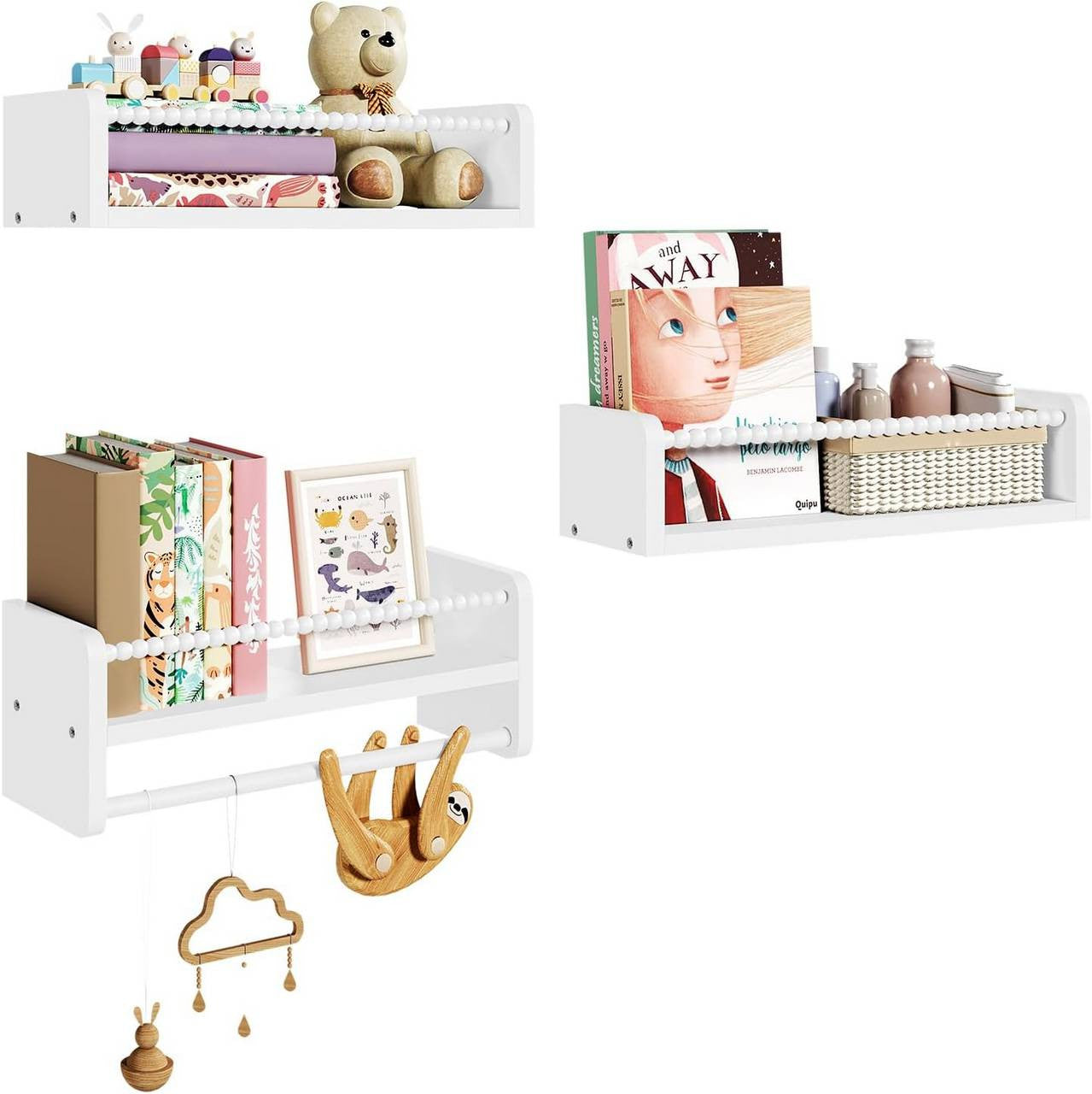 24goodz Set of 3 Floating Bookshelves - Customizable Height for Kids - Solid Pine Wood - For Children - Natural Wood Colour + White - 40/50/60 x 15 x 14 cm