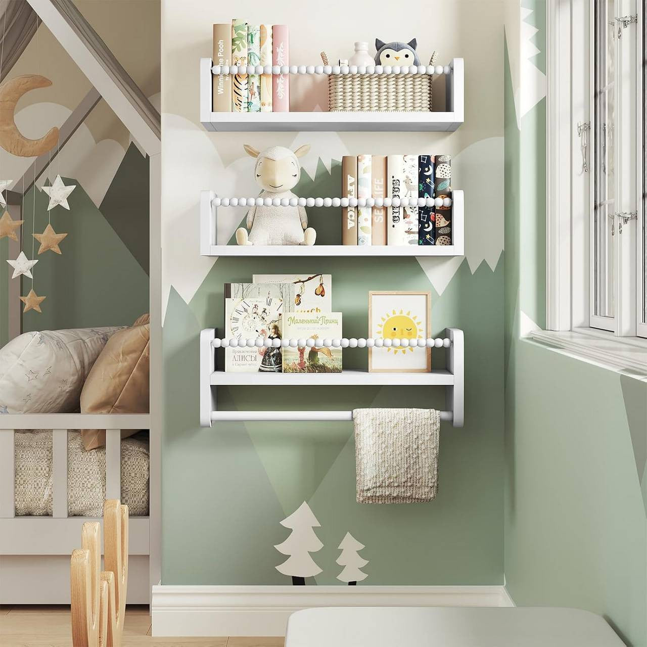 24goodz Set of 3 Floating Bookshelves - Customizable Height for Kids - Solid Pine Wood - For Children - Natural Wood Colour + White - 40/50/60 x 15 x 14 cm