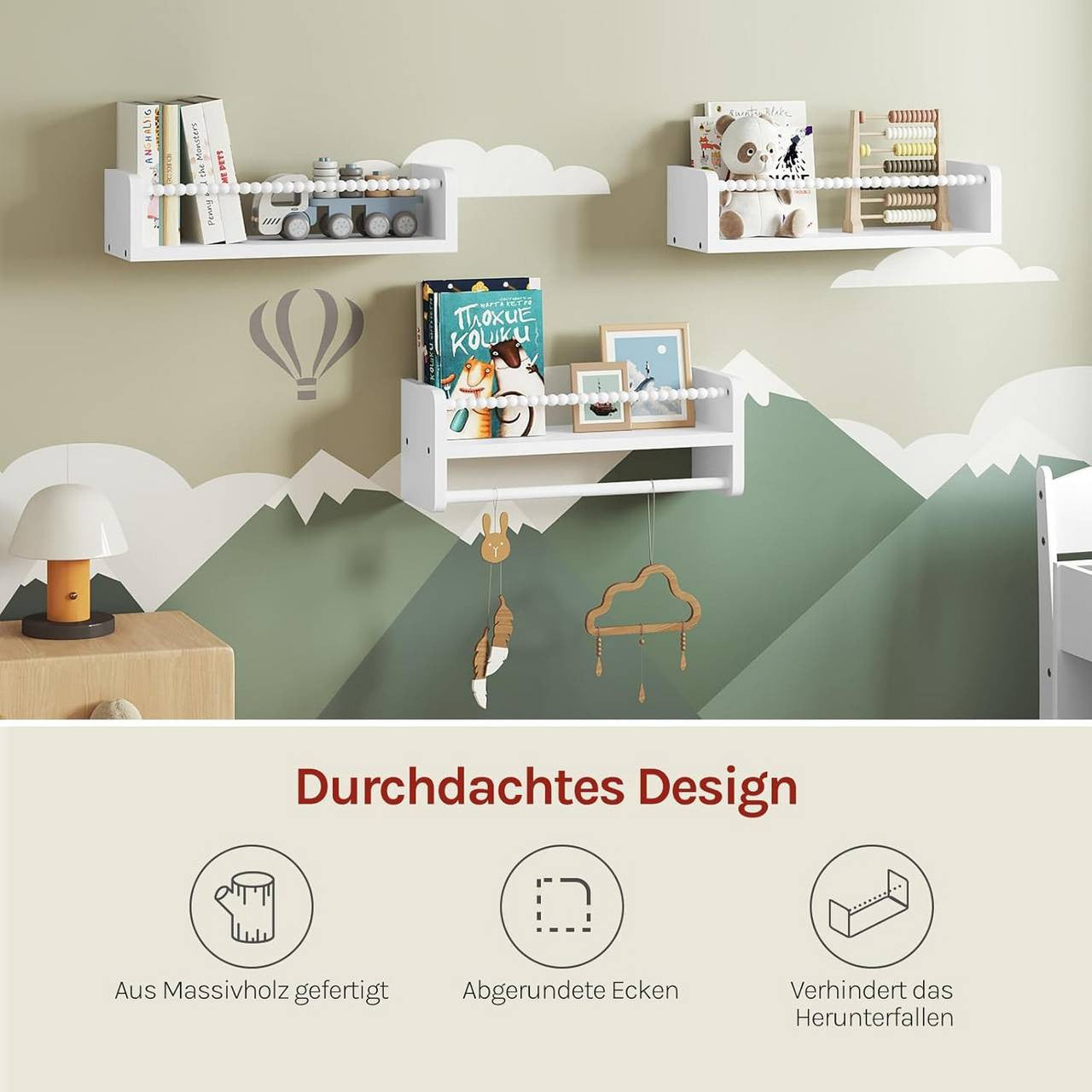 24goodz Set of 3 Floating Bookshelves - Customizable Height for Kids - Solid Pine Wood - For Children - Natural Wood Colour + White - 40/50/60 x 15 x 14 cm