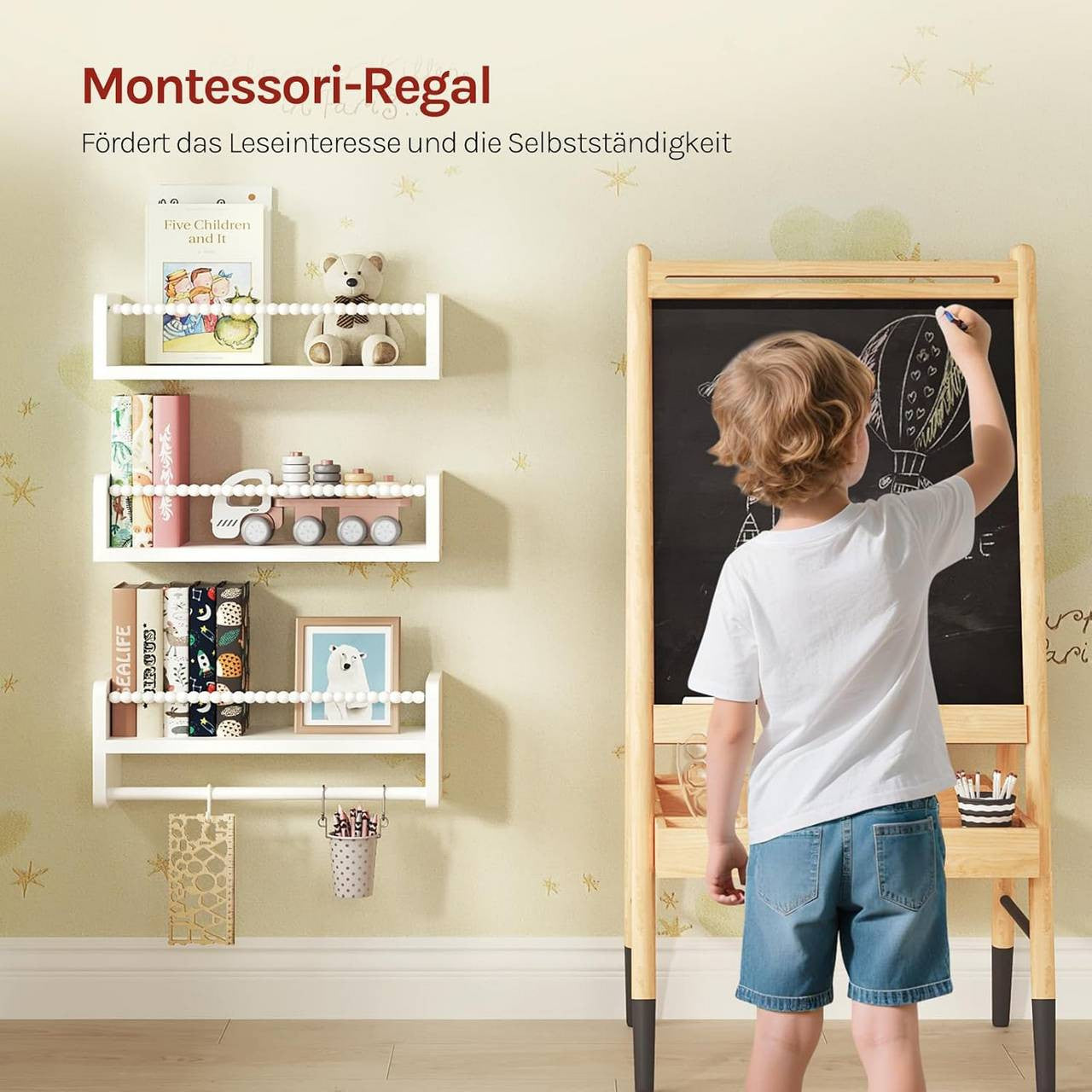 24goodz Set of 3 Floating Bookshelves - Customizable Height for Kids - Solid Pine Wood - For Children - Natural Wood Colour + White - 40/50/60 x 15 x 14 cm