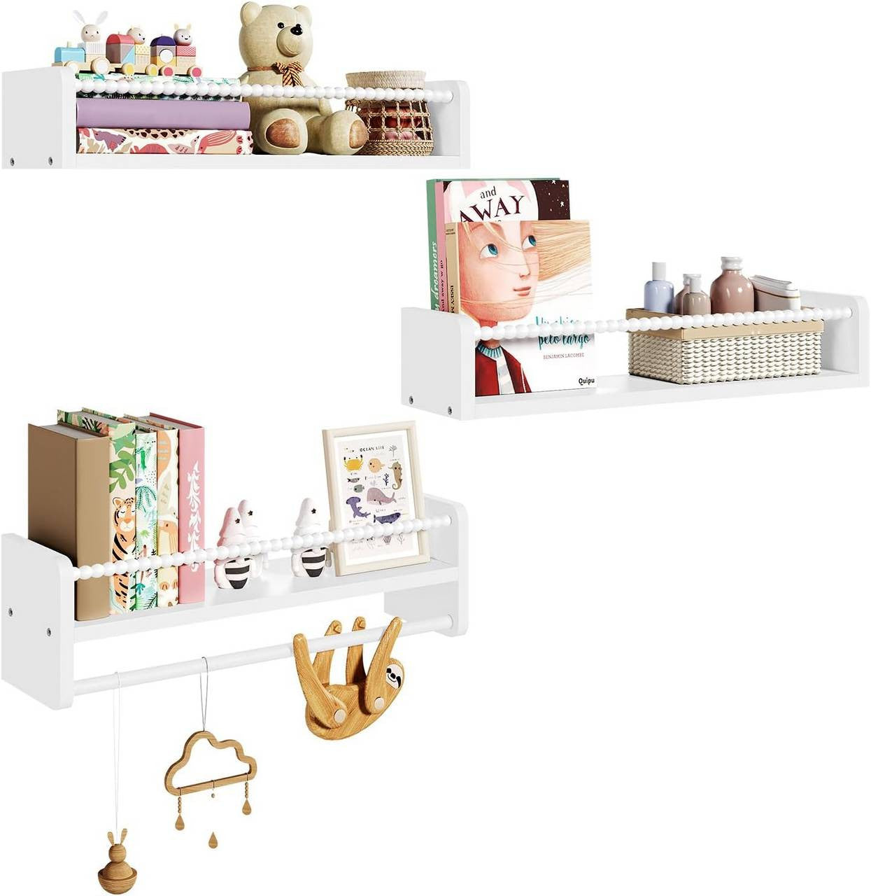 24goodz Set of 3 Floating Bookshelves - Customizable Height for Kids - Solid Wood - For Children - White