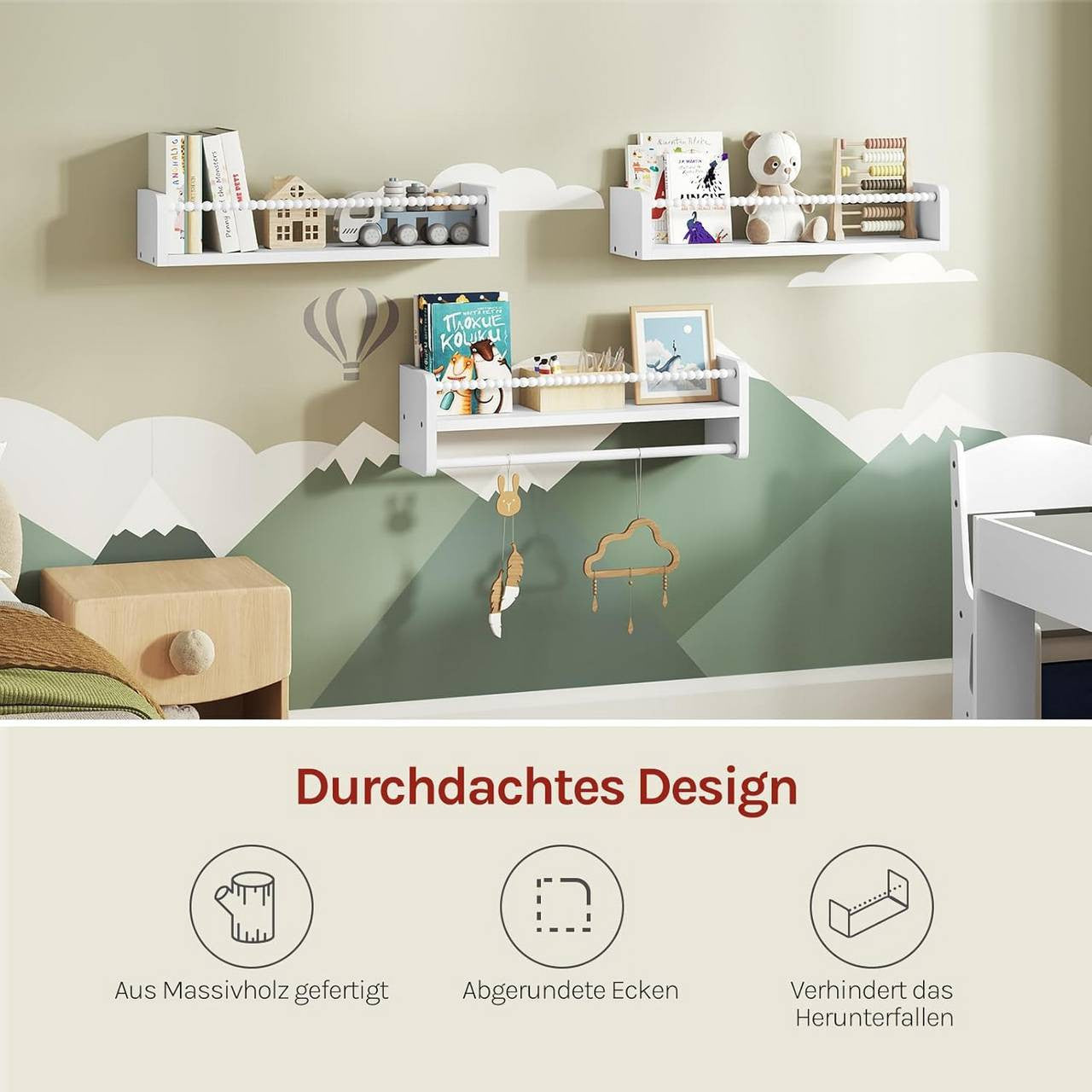 24goodz Set of 3 Floating Bookshelves - Customizable Height for Kids - Solid Wood - For Children - White