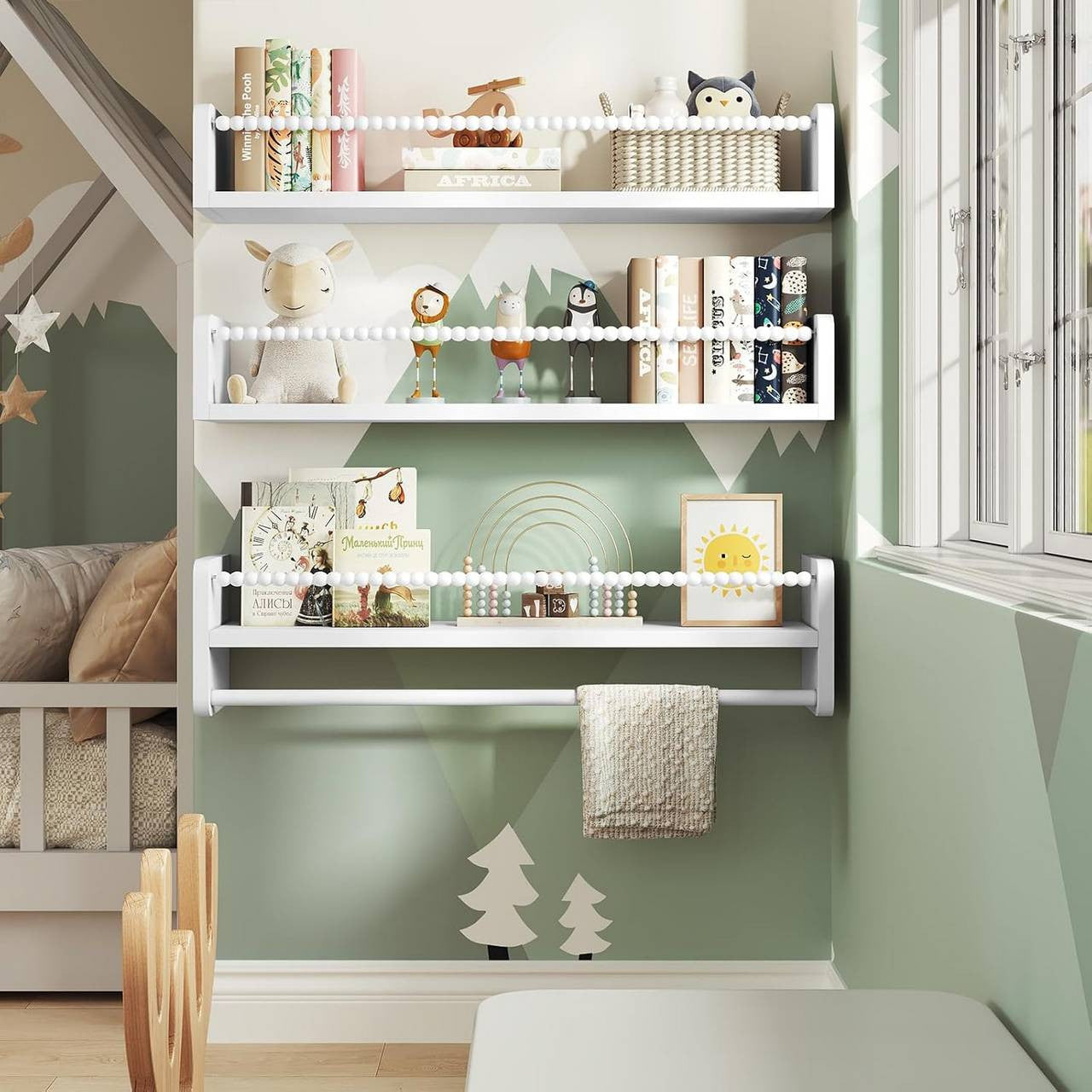 24goodz Set of 3 Floating Bookshelves - Perfect for Kids' Rooms - Easy to Install - Solid Pine Wood - White - 60 x 15 x 14 cm