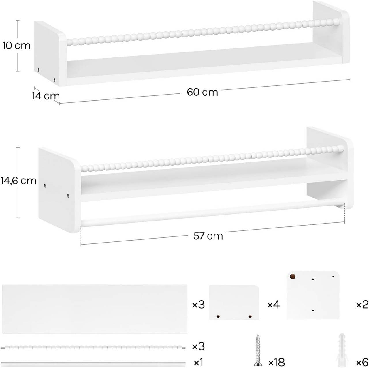 24goodz Set of 3 Floating Bookshelves - Perfect for Kids' Rooms - Easy to Install - Solid Pine Wood - White - 60 x 15 x 14 cm