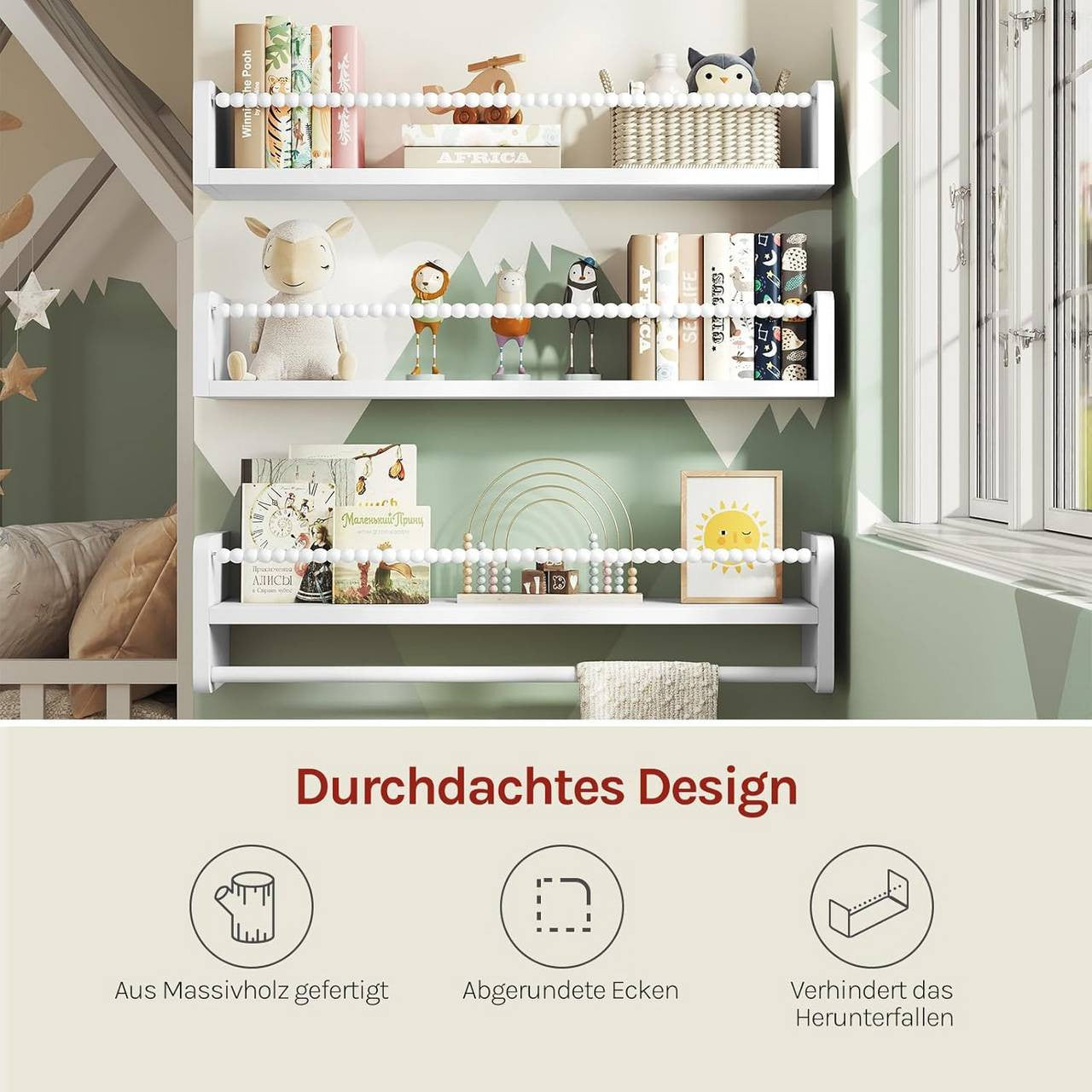 24goodz Set of 3 Floating Bookshelves - Perfect for Kids' Rooms - Easy to Install - Solid Pine Wood - White - 60 x 15 x 14 cm