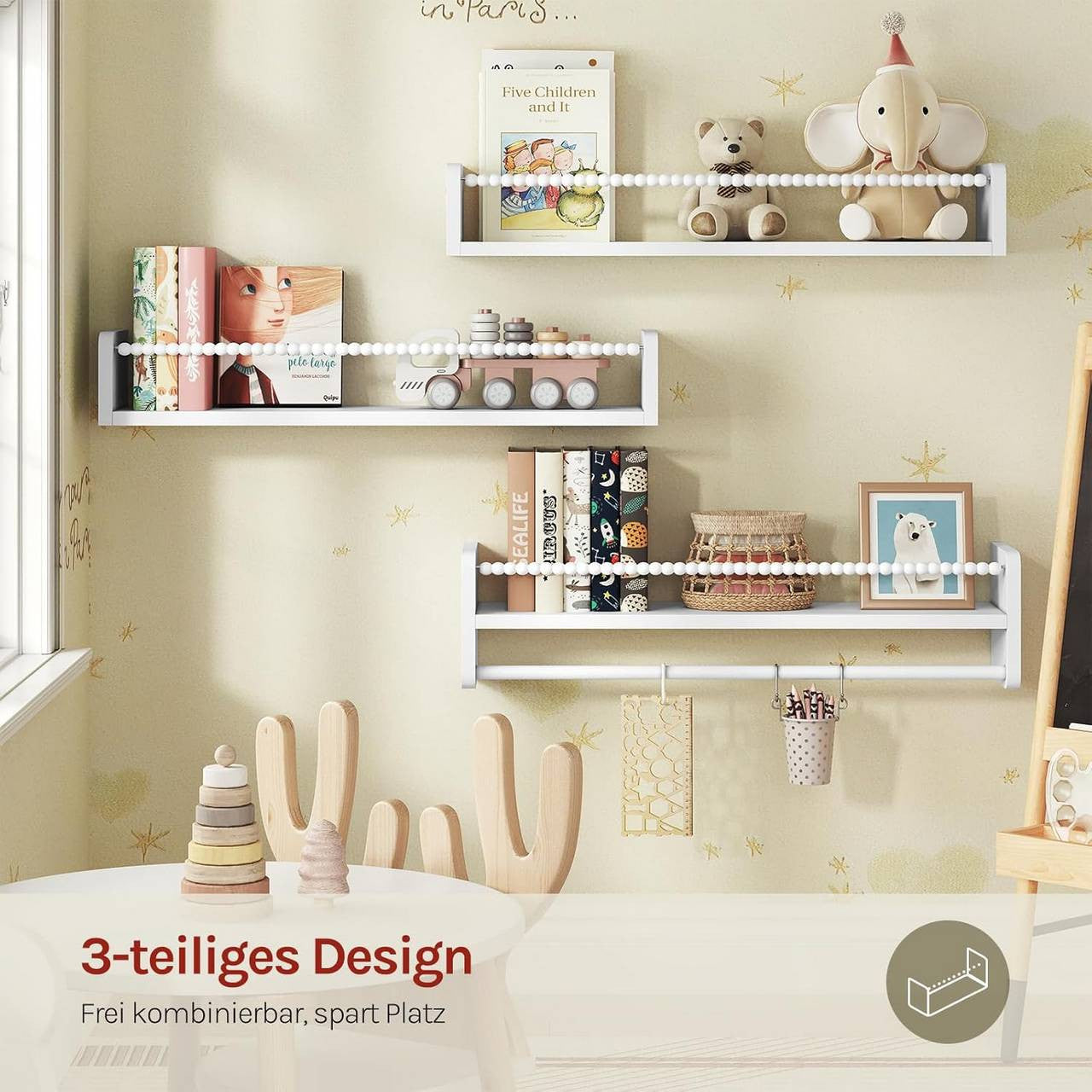 24goodz Set of 3 Floating Bookshelves - Perfect for Kids' Rooms - Easy to Install - Solid Pine Wood - White - 60 x 15 x 14 cm