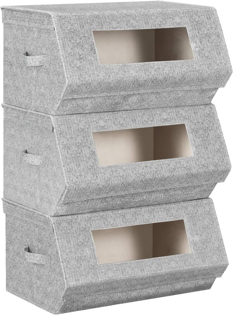 24goodz Set of 3 Stackable Storage Boxes with Handles - Space-Saving Design - Durable Non-Woven Fabric - For Home Organization - Grey + Beige