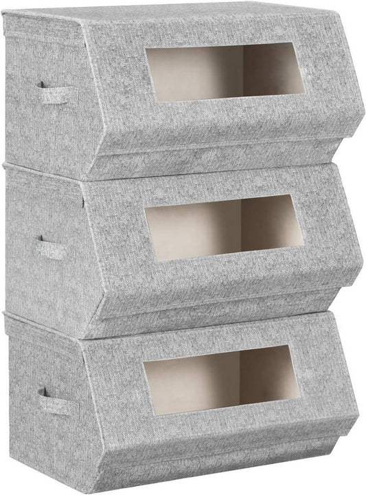 24goodz Set of 3 Stackable Storage Boxes with Handles - Space-Saving Design - Durable Non-Woven Fabric - For Home Organization - Grey + Beige