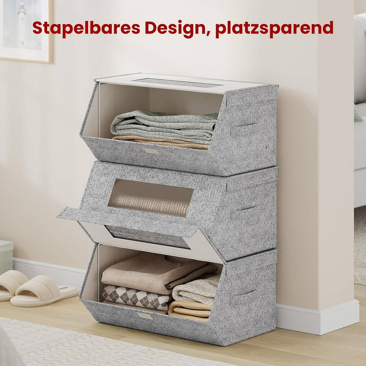 24goodz Set of 3 Stackable Storage Boxes with Handles - Space-Saving Design - Durable Non-Woven Fabric - For Home Organization - Grey + Beige