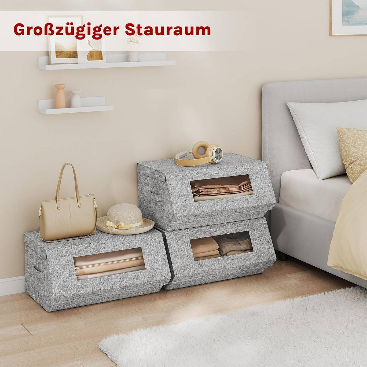 24goodz Set of 3 Stackable Storage Boxes with Handles - Space-Saving Design - Durable Non-Woven Fabric - For Home Organization - Grey + Beige