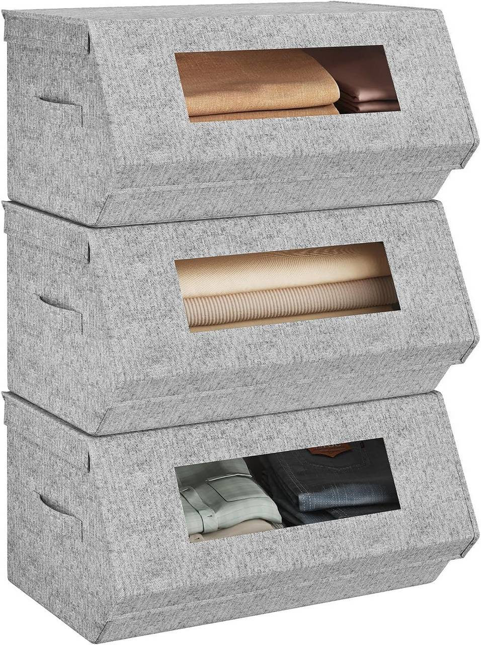24goodz Set of 3 Stackable Storage Boxes with Handles - Space-Saving Design - Durable Non-Woven Fabric - For Home Organization - Grey + Beige