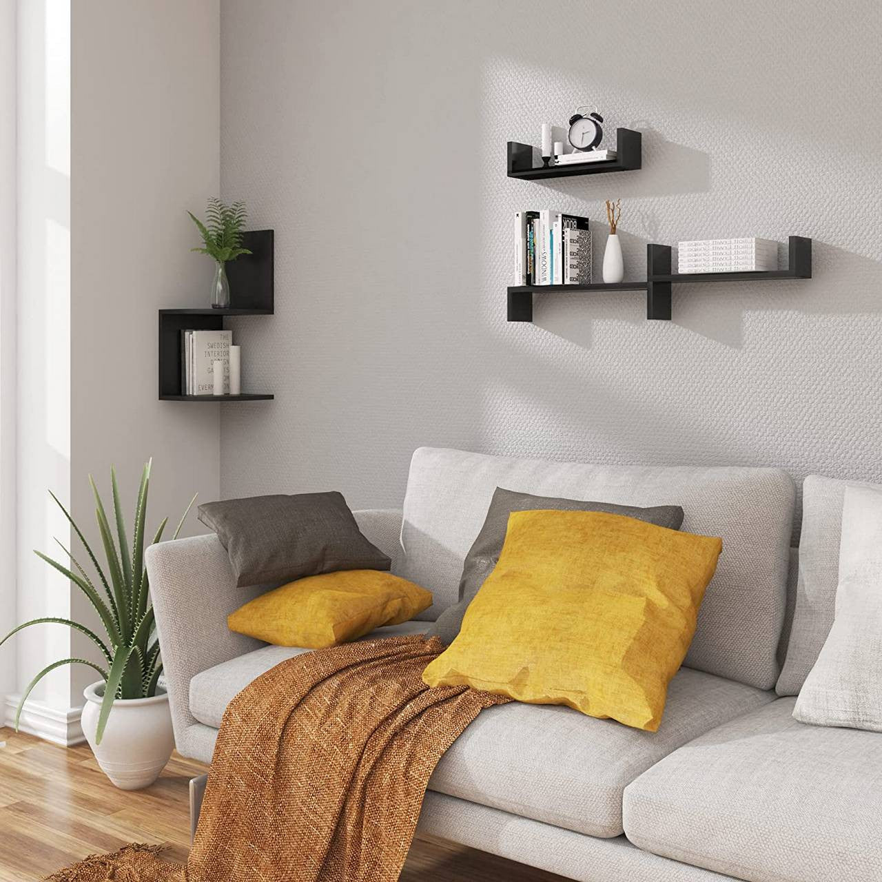 24goodz Set of 3 U-Shaped Wall Shelves - Stylish and Space-Saving - MDF - For Home Decor - Black - sz