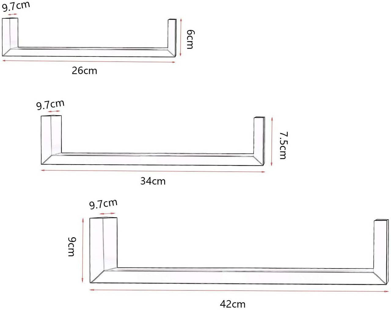 24goodz Set of 3 U-Shaped Wall Shelves - Stylish and Space-Saving - MDF - For Home Decor - Black - sz