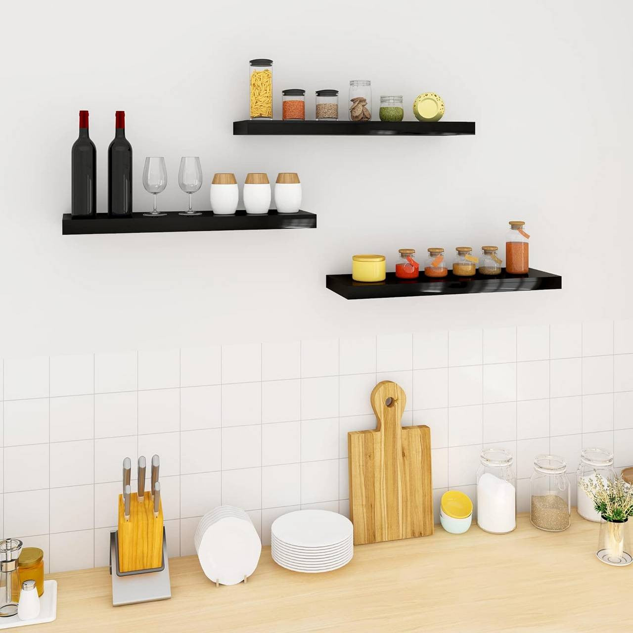 24goodz Floating Shelves Set of 3 - Versatile Use - Easy Installation - MDF - For Home Decor - Black - sz