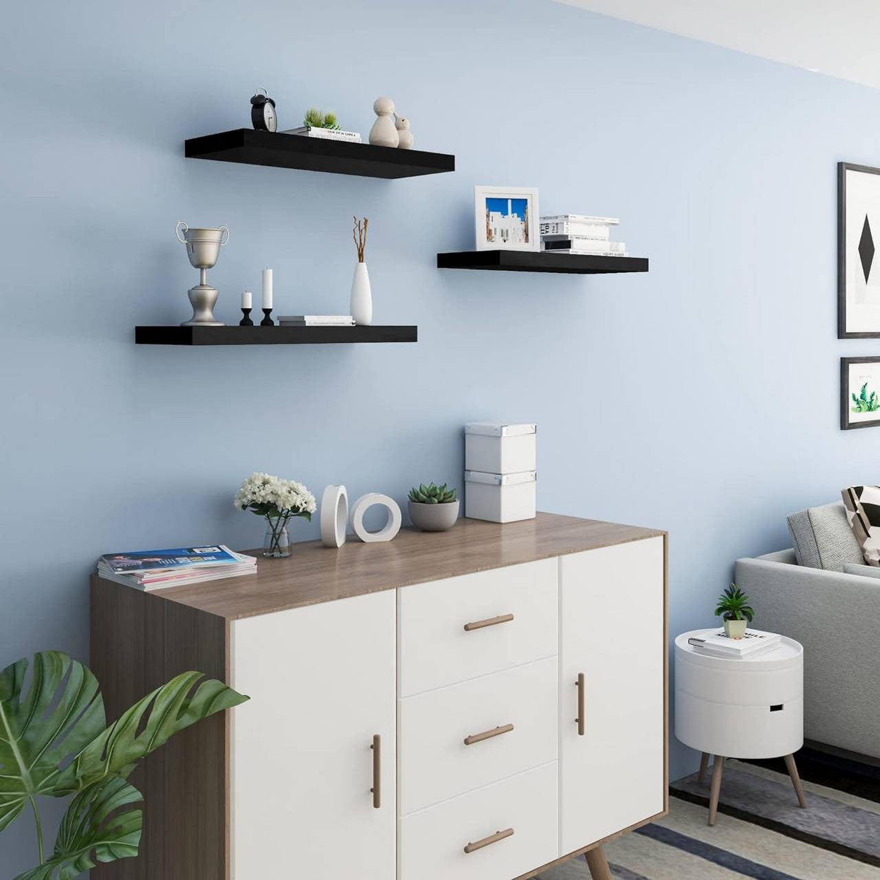 24goodz Set of 3 Floating Wall Shelves - Versatile Use - High-Quality MDF - For Home & Office - Black - 30x22.9x3.8cm - sz