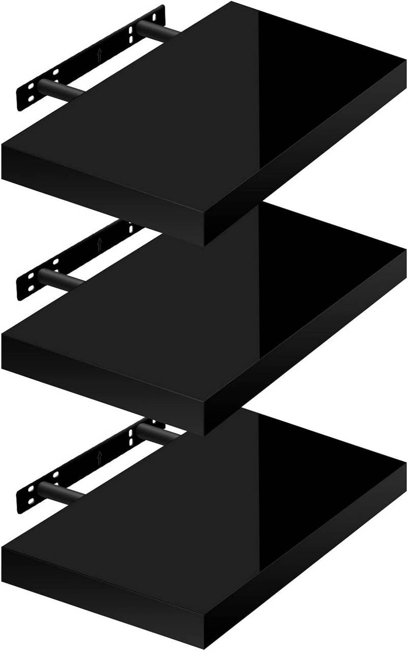 24goodz Set of 3 Floating Wall Shelves - Versatile Use - High-Quality MDF - For Home & Office - Black - 30x22.9x3.8cm - sz