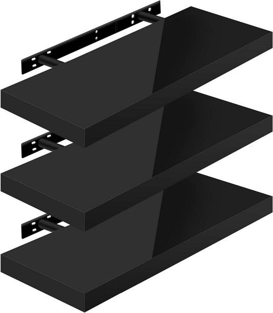 24goodz Floating Shelves Set of 3 - Versatile Use - High-Quality MDF - For Home & Office - Black 60x22.9x3.8cm - sz