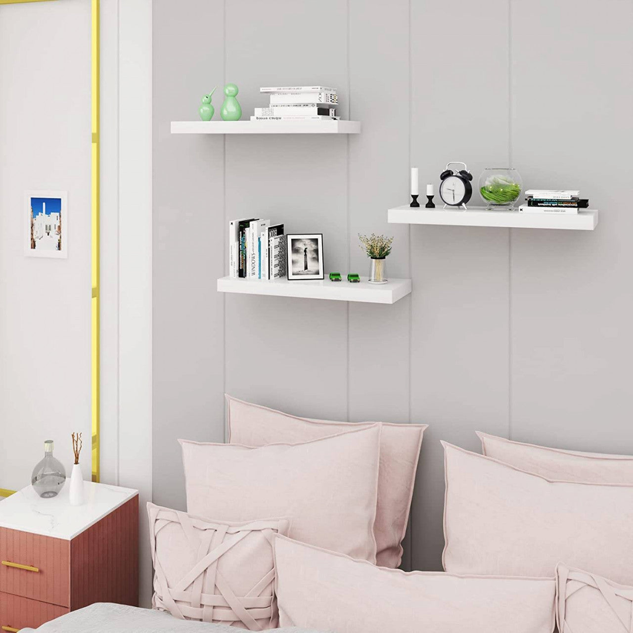24goodz Set of 3 Floating Shelves - High Weight Capacity - MDF - For Home Decor - White - ws