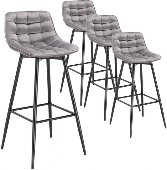 24goodz Velvet Bar Stool - Comfortable & Ergonomic - Sturdy & Robust - Velvet + Metal - Light Grey - hgr