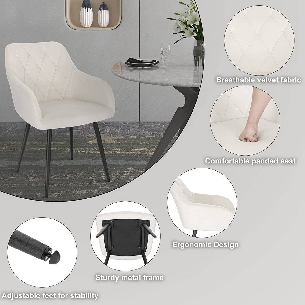 24goodz Velvet Dining Chair Set of 4 - Ergonomic Comfort - Stylish and Versatile - Velvet + Metal - Cream White - cm