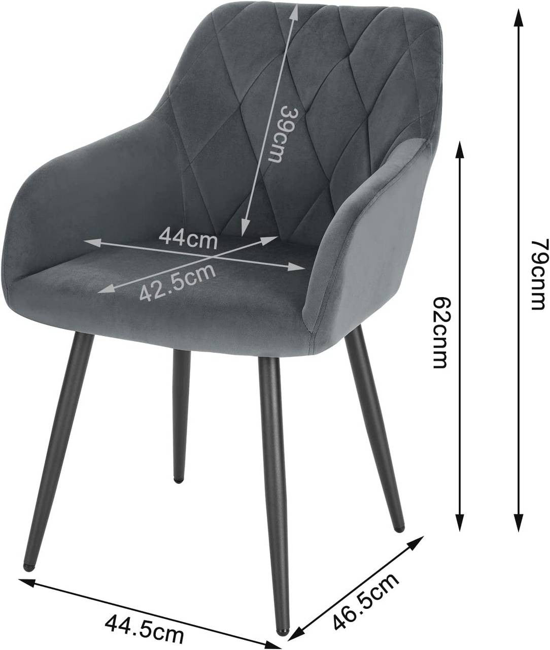 24goodz Velvet Dining Chair with Armrests - Ergonomic Comfort - Sturdy Metal Legs - Velvet - For Dining Rooms - Dark Grey - dgr