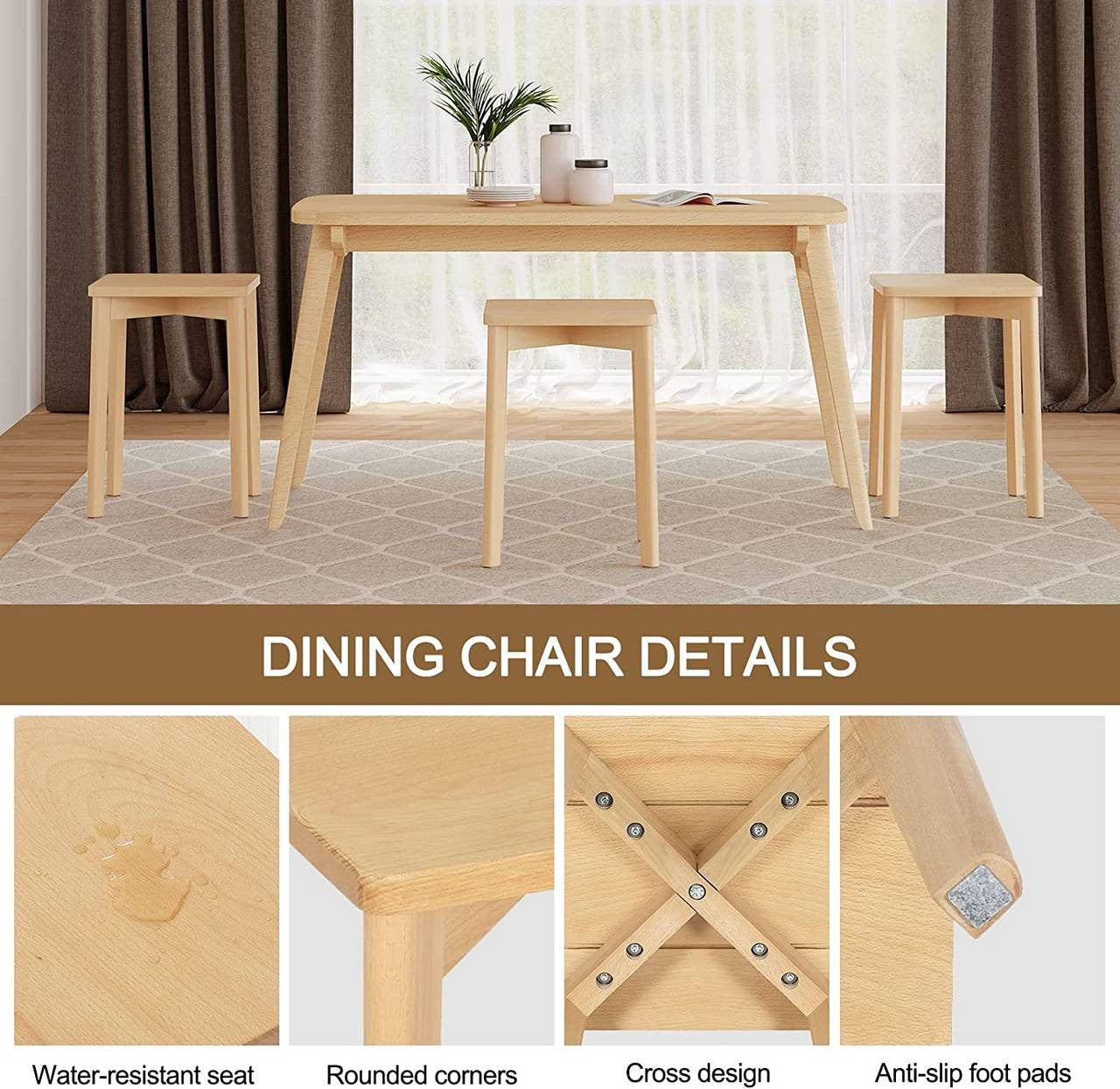 24goodz Solid Wood Stacking Stool Set - Durable and Space-Saving - Beech Wood - For Dining Rooms and Small Spaces - Natural Wood Colour - ei