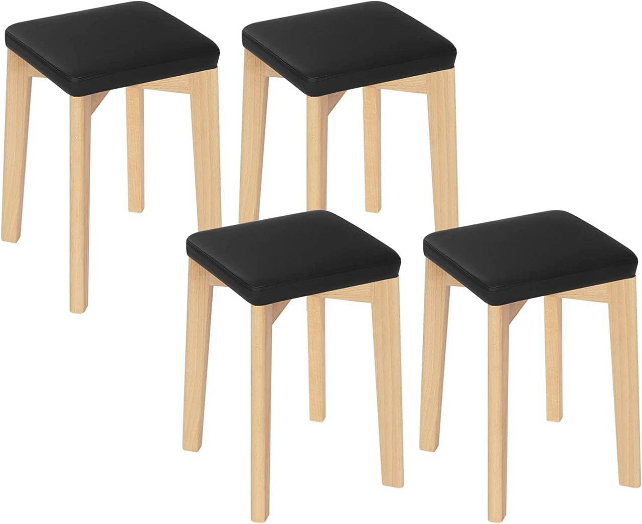 24goodz Stackable Dining Chairs - Solid Beech Wood - Comfortable PU Upholstery - Beech Wood + Black - Set of 4 - 32.5 x 32.5 x 47 cm - sz