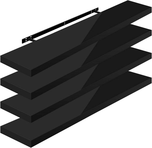 24goodz Set of 4 Floating Shelves - High Weight Capacity - MDF - For Home Decor - Black 110x22.9x3.8cm - sz