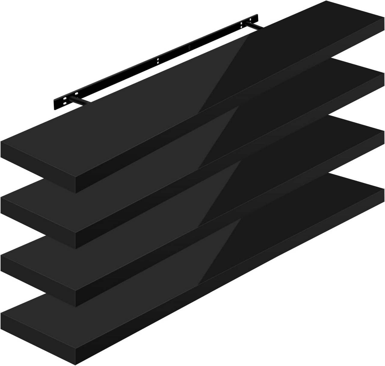 24goodz Set of 4 Floating Shelves - High Weight Capacity - MDF - For Home & Office - Black 120x22.9x3.8cm - sz