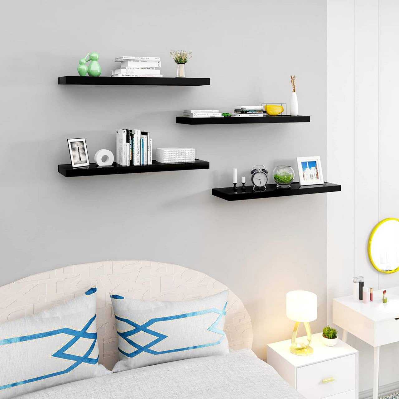 24goodz Floating Wall Shelves Set of 4 - High Load Capacity - MDF - For Home Decor - Black 40x22.9x3.8cm - sz