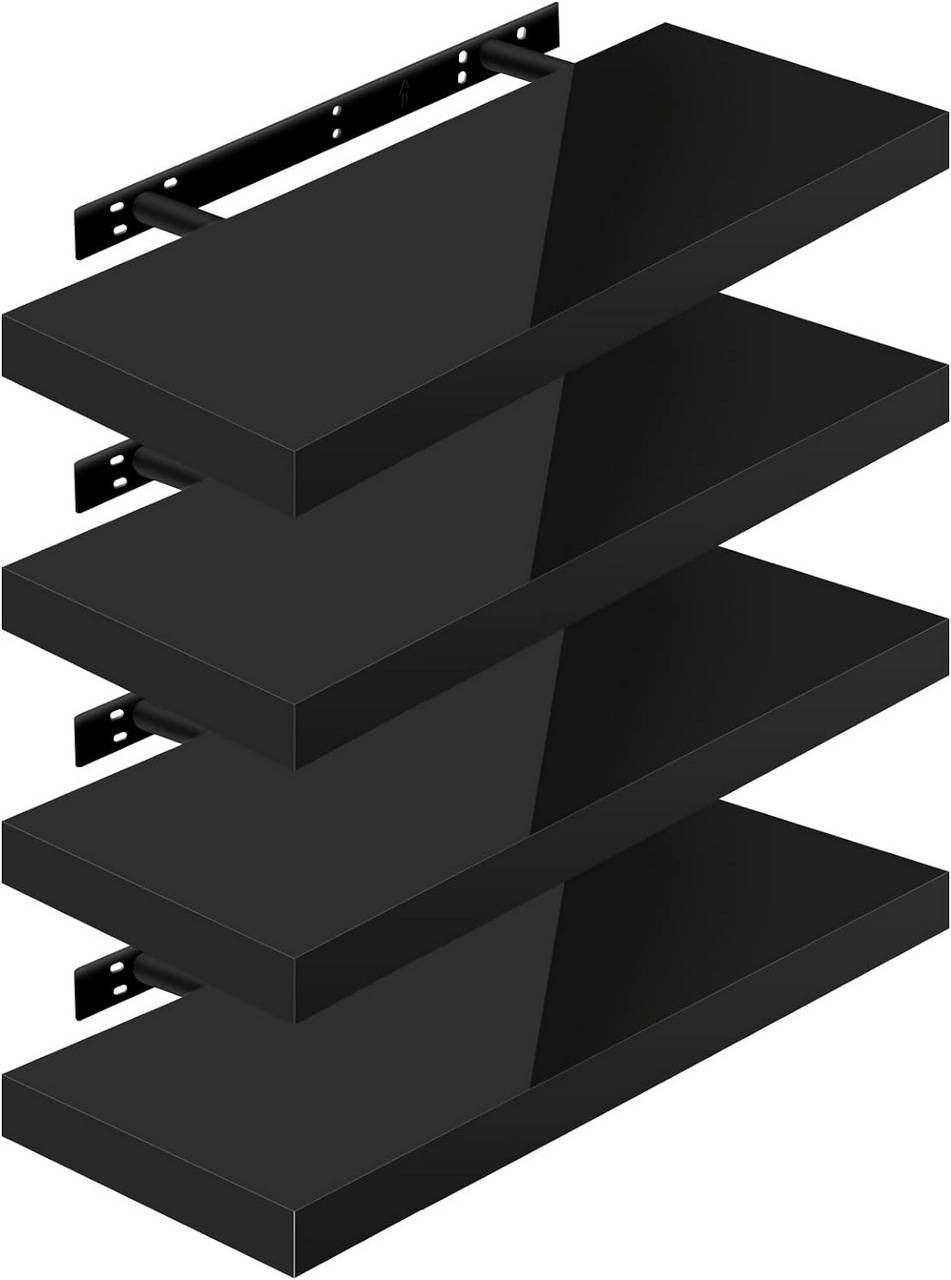 24goodz Set of 4 Floating Shelves - High-Quality MDF - Easy Installation - Black - 60x22.9x3.8cm - sz
