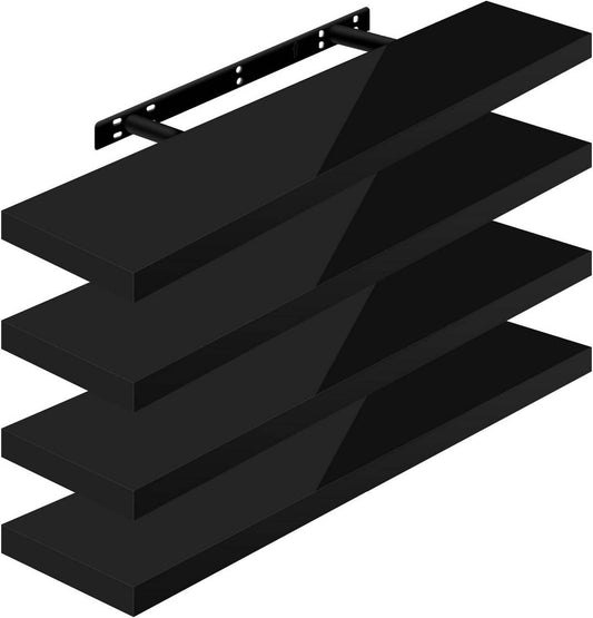 24goodz Set of 4 Floating Shelves - High-Quality MDF - Easy Installation - Black - 90x22.9x3.8cm - sz
