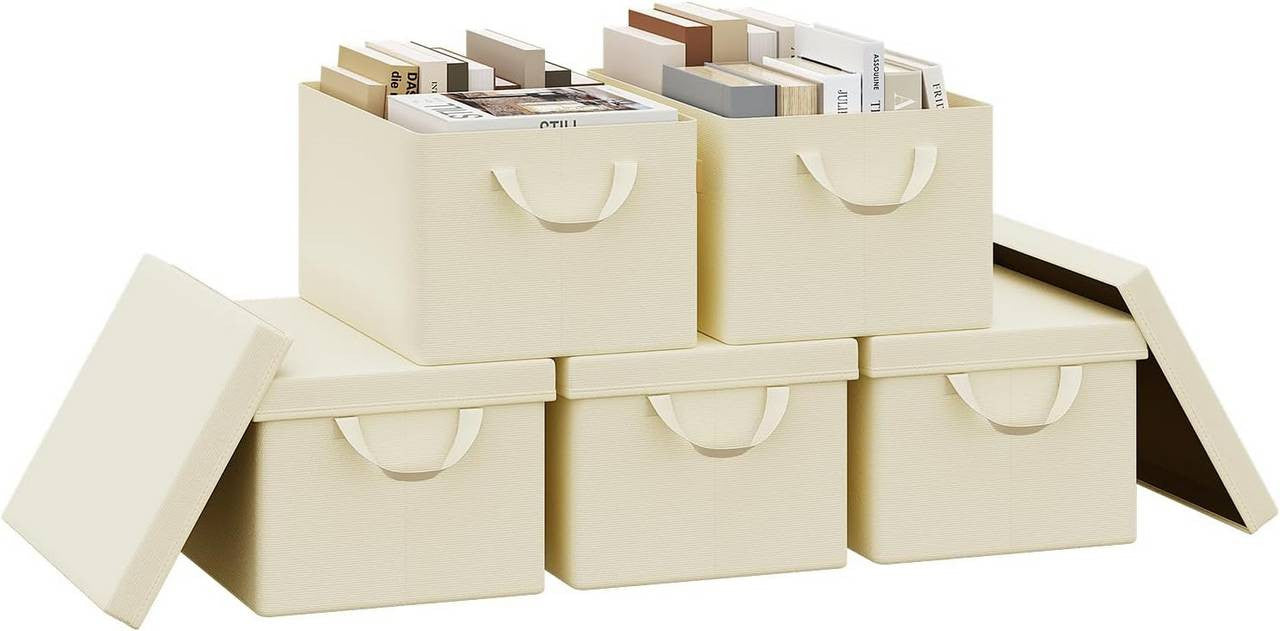 24goodz Set of 5 Storage Boxes with Lids - High-Quality Durable Materials - Foldable Design - Polyester - For Home Organization - Cream