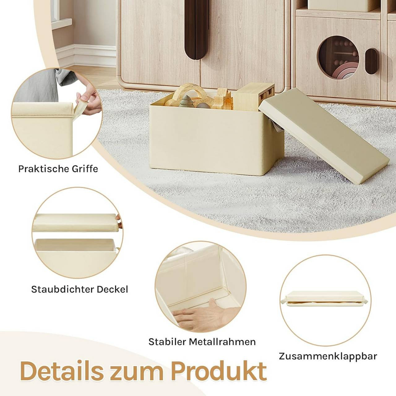24goodz Set of 5 Storage Boxes with Lids - High-Quality Durable Materials - Foldable Design - Polyester - For Home Organization - Cream