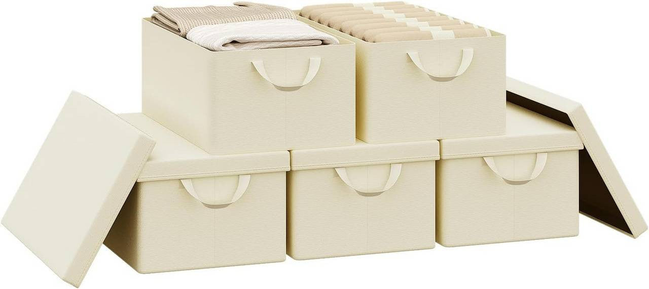 24goodz Set of 5 Storage Boxes with Lids - Versatile Organization Solution - Durable Polyester - For Home & Living - Cream