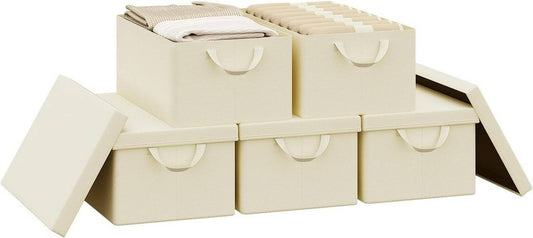24goodz Set of 5 Storage Boxes with Lids - Versatile Organization Solution - Durable Polyester - For Home & Living - Cream