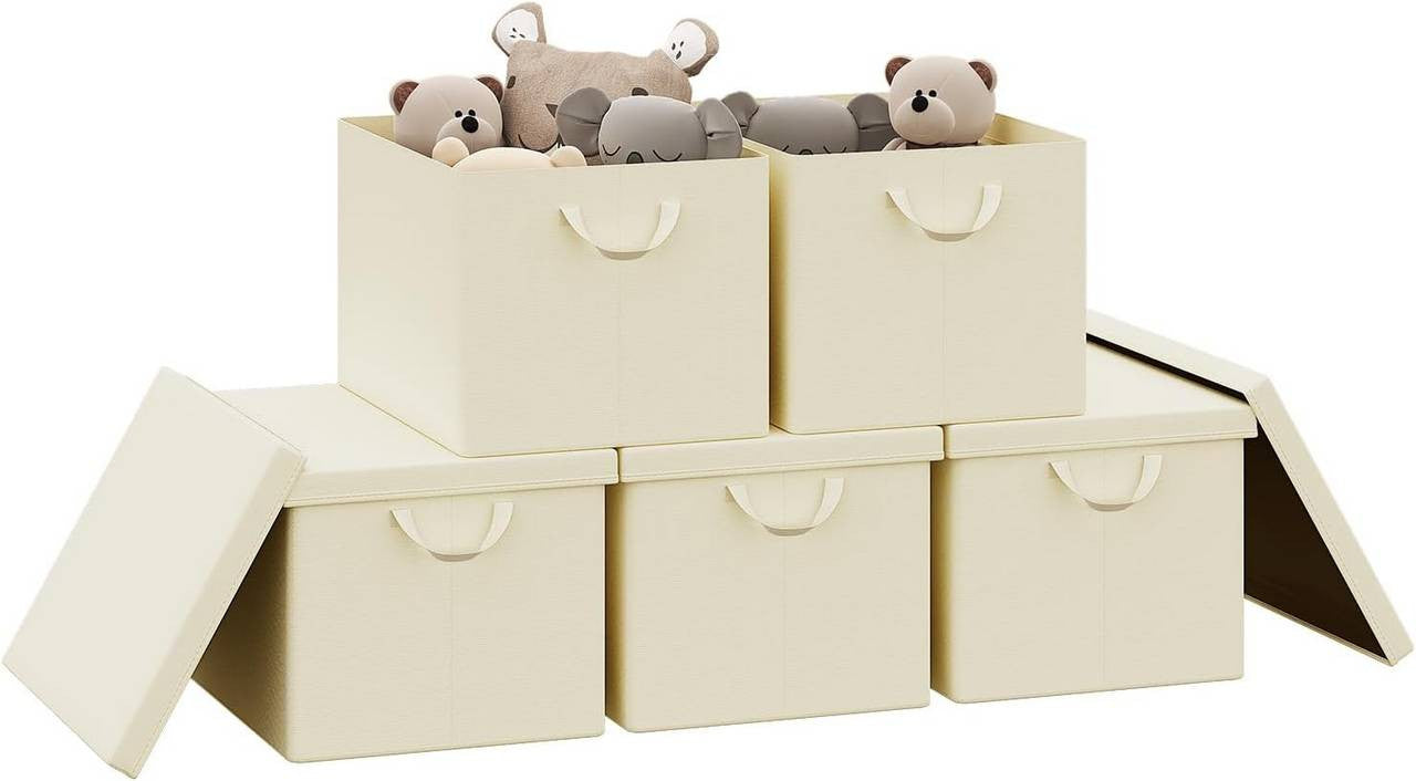 24goodz Set of 5 Storage Boxes with Lids - Durable and Versatile - Polyester and Steel - For Home Organization - Cream