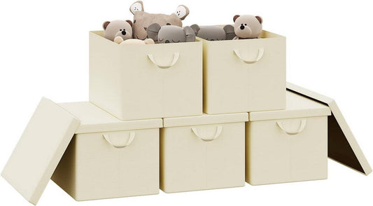 24goodz Set of 5 Storage Boxes with Lids - Durable and Versatile - Polyester and Steel - For Home Organization - Cream