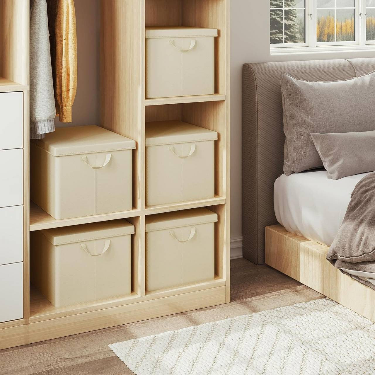 24goodz Set of 5 Storage Boxes with Lids - Durable and Versatile - Polyester and Steel - For Home Organization - Cream